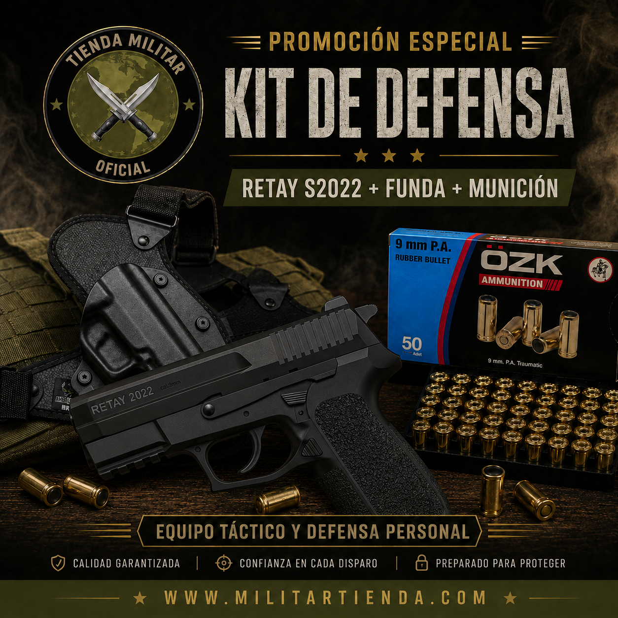 Kit de Defensa Retay S2022 + Funda Táctica + 50 Balas OZK 9mm P.A. – Rubber Bullet