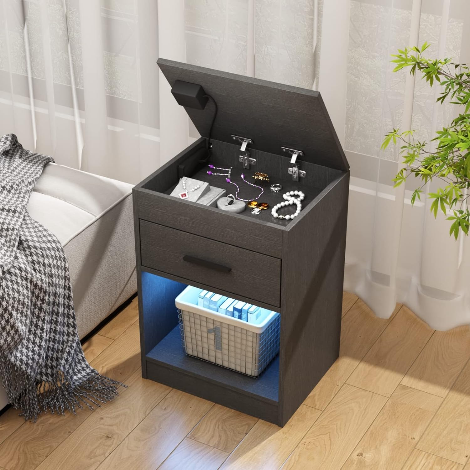 Mesa de Noche con Caja Fuerte Integrada y Compartimento Secreto - Iluminación LED Azul