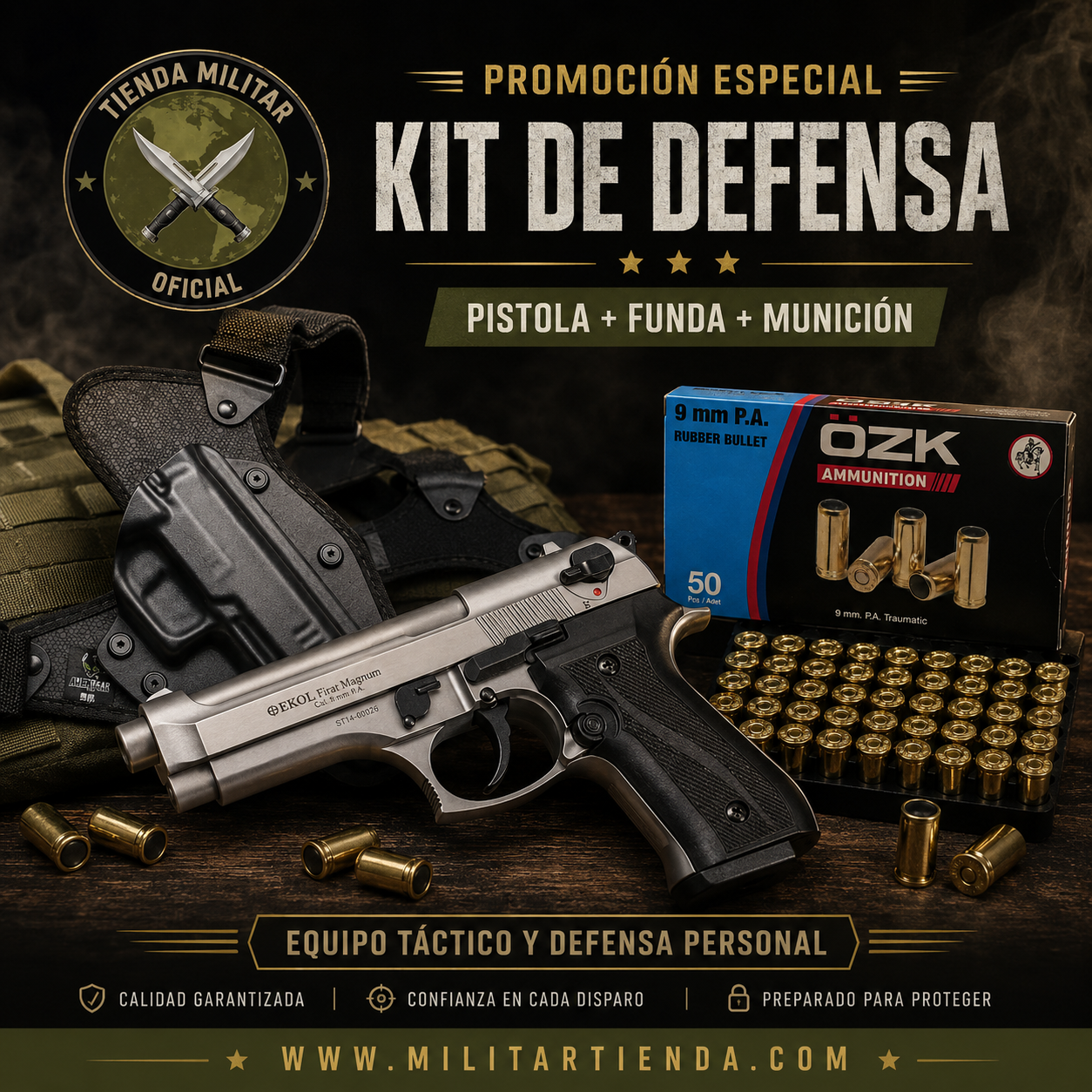 KIT DE DEFENSA – Pistola Ekol Firat Magnum + Funda Táctica + Munición ÖZK 9mm P.A. (50 rondas)