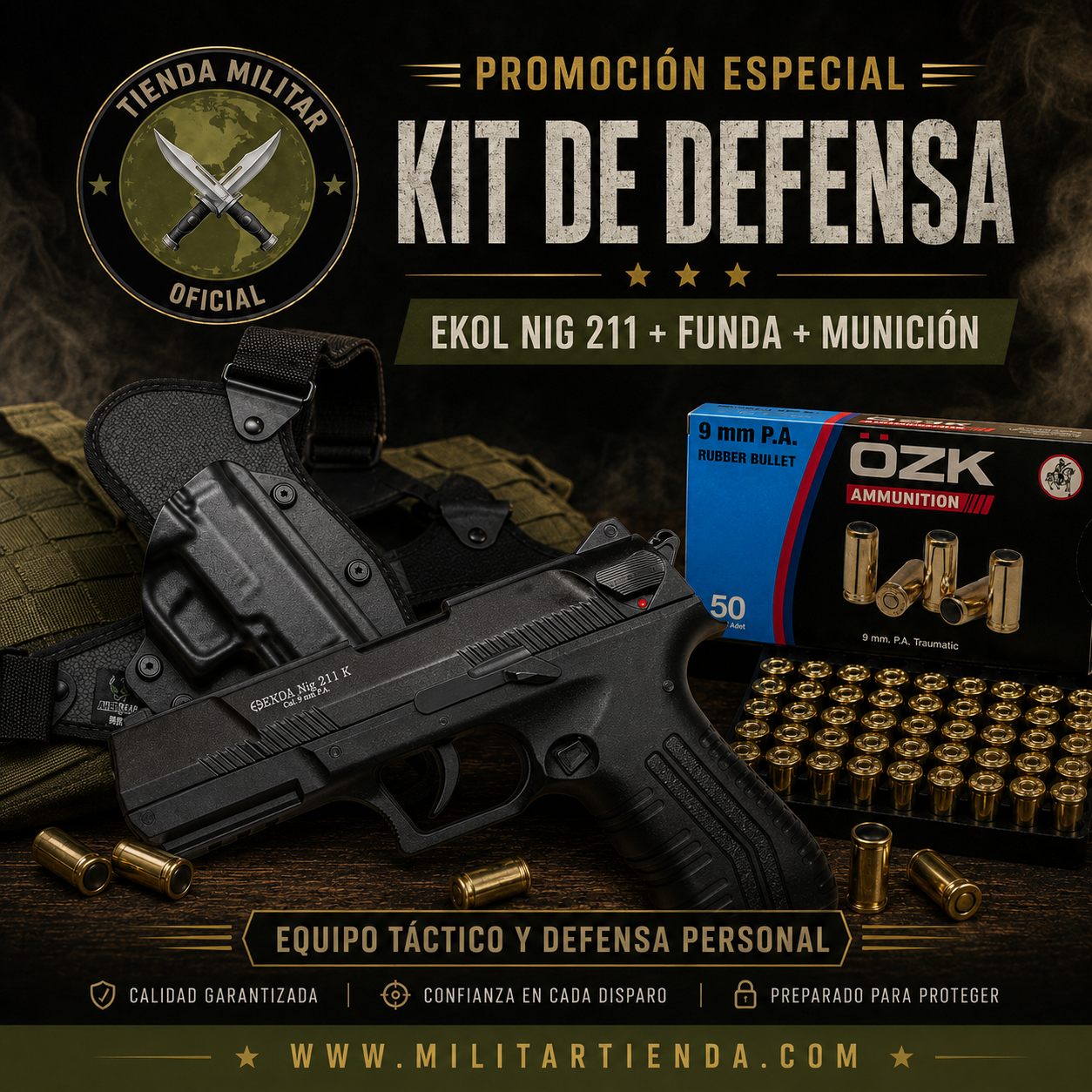 KIT DE DEFENSA – Ekol Nig 211 K + Funda Táctica + Munición ÖZK 9mm P.A. (50 rondas)