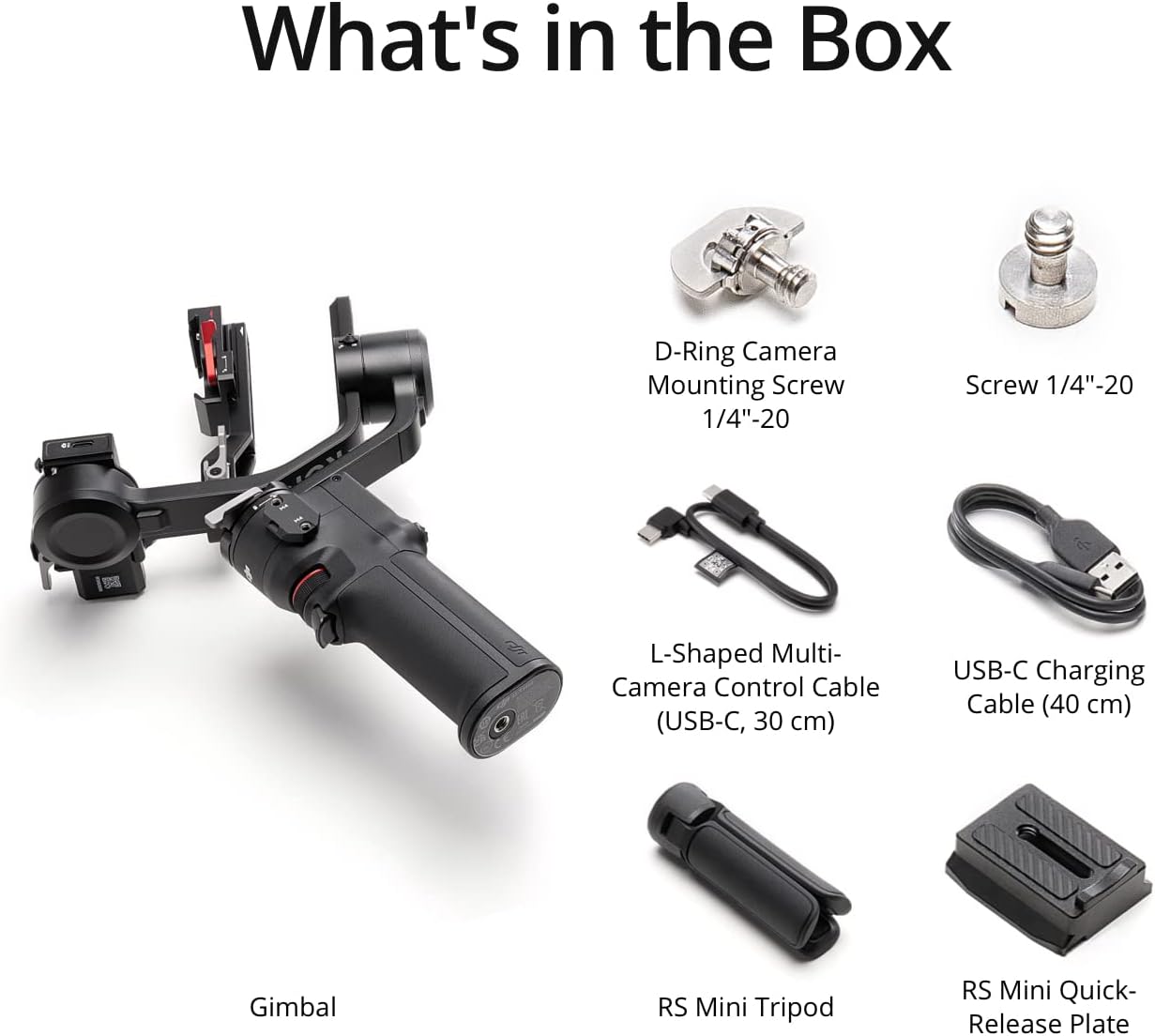 DJI RS 3 Mini – Contenido de la caja: gimbal, trípode mini, quick-release plate, cables y tornillos
