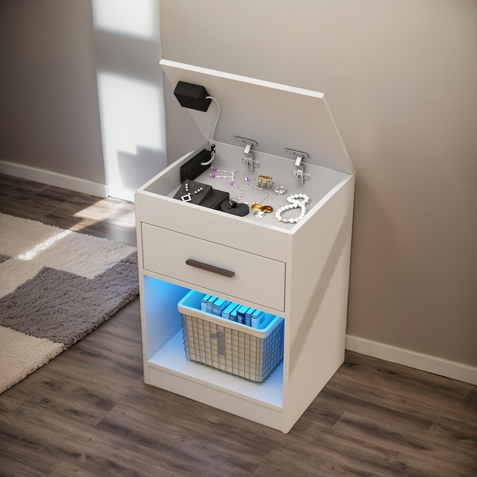 Mesa de Noche con Caja Fuerte Integrada y Compartimento Secreto - Iluminación LED Azul