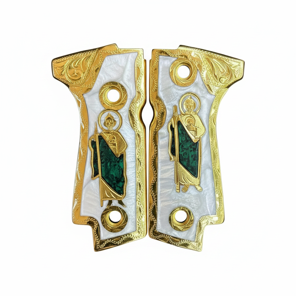 Empuñadura Cachas de Lujo Doradas San Judas para Beretta 92s | Chapado en Oro | Hecho en México