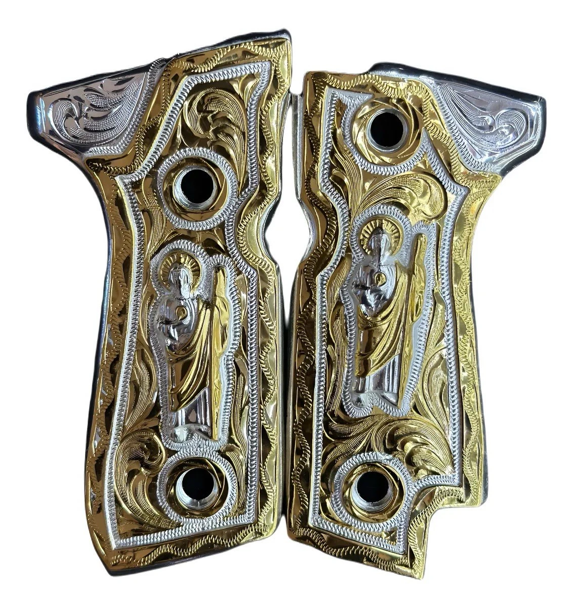 Empuñadura Cachas de Lujo Doradas San Judas para Beretta 92s | Chapado en Oro | Hecho en México