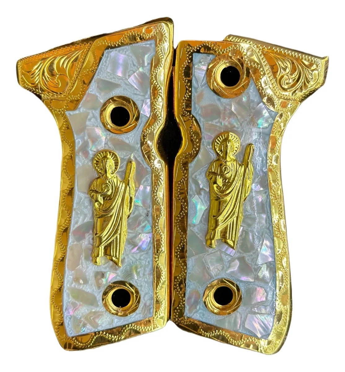 Empuñadura Cachas de Lujo Doradas San Judas para Beretta 92s | Chapado en Oro | Hecho en México