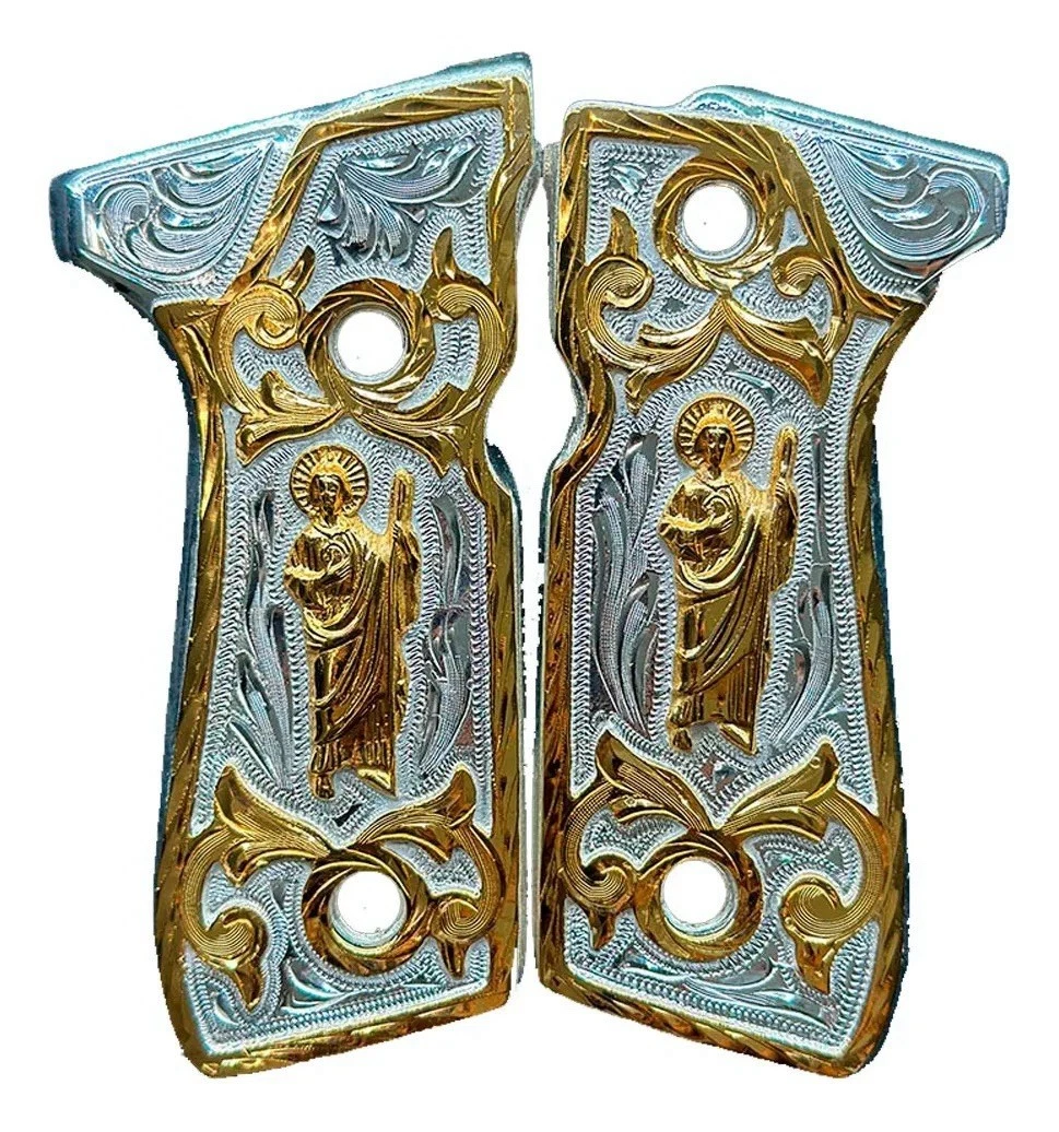 Empuñadura Cachas de Lujo Doradas San Judas para Beretta 92s | Chapado en Oro | Hecho en México