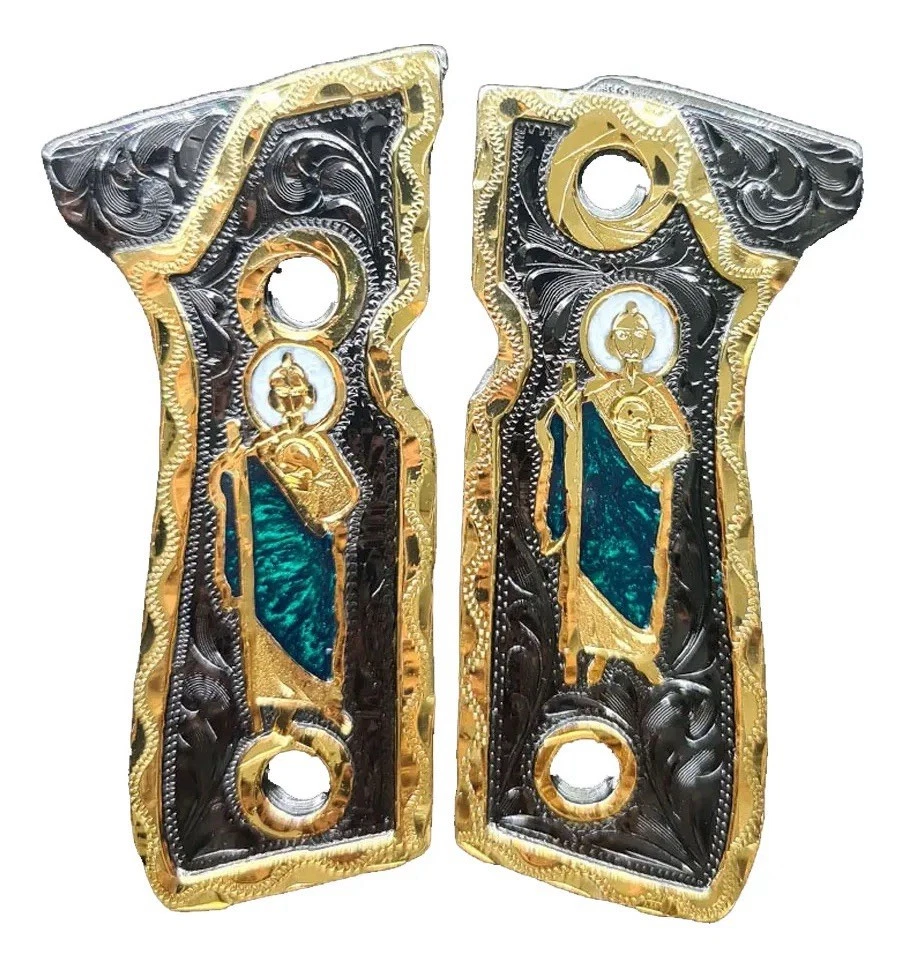 Empuñadura Cachas de Lujo Doradas San Judas para Beretta 92s | Chapado en Oro | Hecho en México