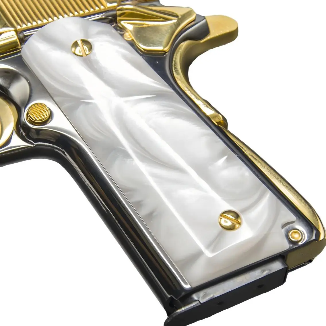 Cachas Aperladas Premium para Colt 1911 — Nácar Blanco | Marfil Sintético | Caballo Plateado